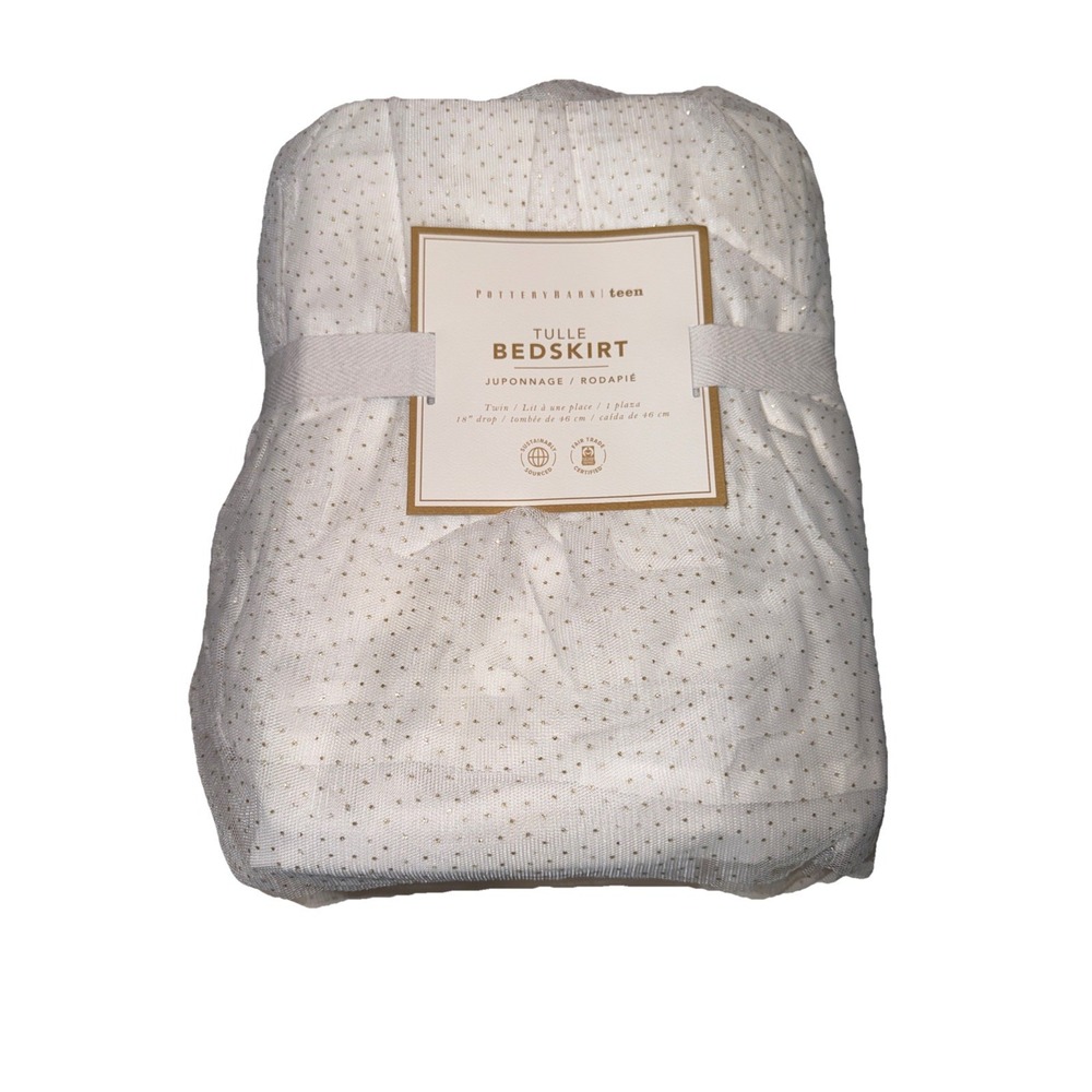 NWT POTTERY BARN TEEN TULLE BED SKIRT, 18" DROP ~ GOLD & White